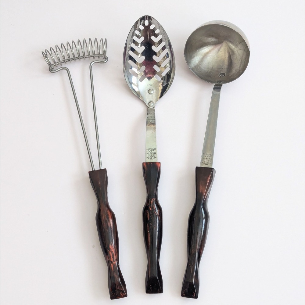 Vtg Cutco Brown Swirl Utensils Lot: Slotted Spoon 1713, Whisk 1714, Ladle 1715
